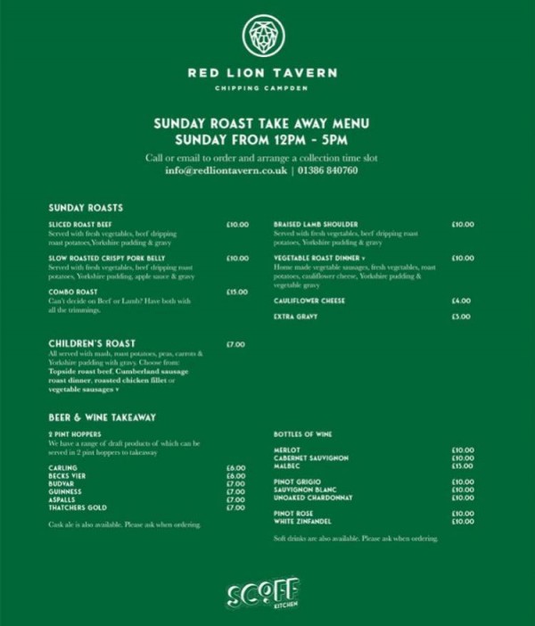 Takeaway menu available for Friday & Saturday evenings plus Sunday lunch